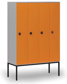 Drevená šatníková skrinka S4 s podnožou, 4 oddiely, 1871 x 1200 x 500 mm, demont, RFID zámok, sivá / oranžová
