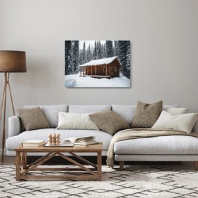 Sklenený obraz - Zasnežená chata (70x50 cm)