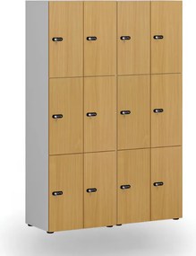 Drevená šatníková skrinka S4 s úložnými boxmi, 6 boxov, demont, mechanický kódový zámok, sivá/dub prírodný