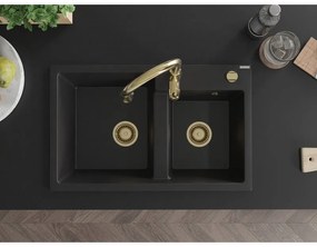 Mexen Tomas, granitový drez 800x500x190 mm, 2-komorový a drezová batéria Savita, čierna, 6516-77-672601-50