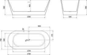 Mexen Flavia, voľne stojaca vaňa 170 x 75 cm, biela, grafitový prepad, 54031708000-66