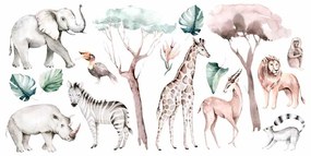 Gario Detská nálepka na stenu Savanna - slon, nosorožec, žirafa a iné zvieratá
