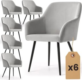 Sada šiestich jedálenských stoličiek ESTELLE zamatové, sivé / čierne nohy (6 ks)
