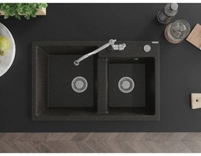 Mexen Tomas, granitový drez 800x500x190 mm, 2-komorový a drezová batéria Carla, čierna-zlatá metalíza, 6516-75-670700-00