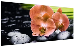 Obraz - Oranžová orchidea s palmovými listami (120x50 cm)