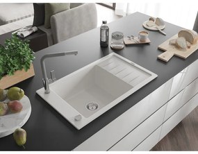 Mexen Elias, 1-komorový granitový drez 795x480x200 mm a drezová batéria Flora, biela, 6511-20-670401-06