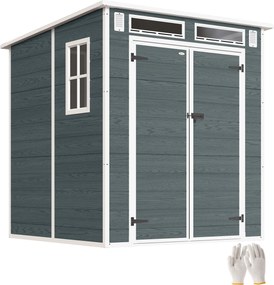 Outsunny 6 x 6 ft Wood-Effect Plastic Garden Shed with Floor, Three Windows, Lockable Doors & Vents, Gray | Aosom
