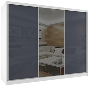 Šatníková skriňa 232 cm Belini biely mat / šedý lesk s posuvnými dverami a zrkadlom  BM SZP4/2/W/WI/2S1L/HI