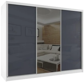 Šatníková skriňa 232 cm Belini biely mat / šedý lesk s posuvnými dverami a zrkadlom  BM SZP4/2/W/WI/2S1L/HI