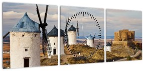 Obraz - Veterné mlyny Consuegra, Španielsko (s hodinami) (90x30 cm)