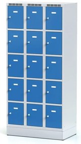 Alfa 3 Šatníková skrinka S6 na sokli s úložnými boxami, 15 boxov, 1920 x 900 x 500 mm, otočný zámok, modré dvere