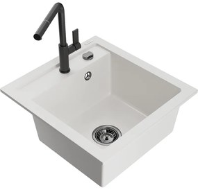 Mexen Vito, 1-komorový granitový drez 490x520x210 mm a drezová batéria Flora, biela, 6503-20-670401-70-B