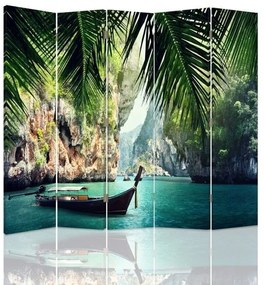 Ozdobný paraván Palmové stromy Tropické moře - 180x170 cm, päťdielny, klasický paraván