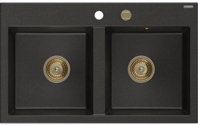 Mexen Hektor, 2-komorový granitový drez 800x480x205 mm, čierna-zlatá metalíza, zlatý sifón, 6521802000-75-G