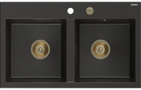 Mexen Hektor, 2-komorový granitový drez 800x480x205 mm, čierna-zlatá metalíza, zlatý sifón, 6521802000-75-G