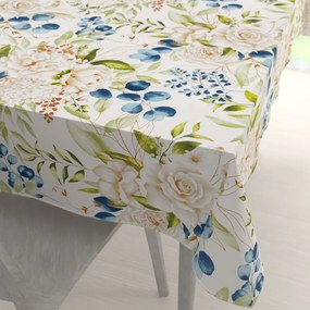 Biante Bavlnený obdĺžnikový obrus Sandra SA-668 Kvety a modro-zelené listy na bielom 50x100 cm