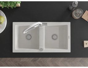 Mexen Mario, granitový drez 820x436x161 mm, 2-komorový a drezová batéria Duo, biela, 6504-20-671701-02