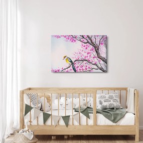 Obraz - Vtáčik na strome s ružovými kvetmi (90x60 cm)