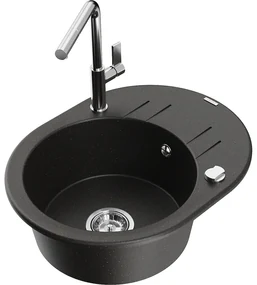 Mexen Kevin, 1-komorový granitový drez 586x458x190 mm a drezová batéria Flora, čierna-zlatá metalíza, 6517-75-670401-00
