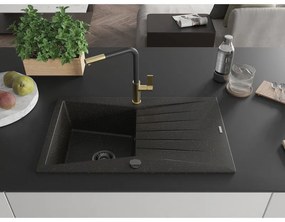 Mexen Cesar, 1-komorový granitový drez 775x470x190 mm a drezová batéria Flora, čierna-zlatá metalíza, 6514-75-670401-57-B