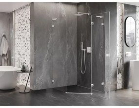 Mexen Lunar, L pravý výklopný päťuholníkový sprchový kút 90 x 100 cm, 8mm číre sklo, biely profil, 831L-090P-100L-20-00-P