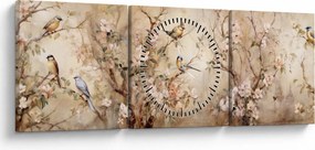 Obraz - Vintage maľba vtáčikov II. (s hodinami) (90x30 cm)
