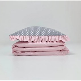 Bavlnená posteľná bielizeň sivá s bodkami a púdrovo ružovým volánikom