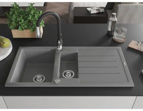 Mexen Andres, 1,5-komorový granitový drez 1000x500x200 mm a drezová batéria Savita, šedá, 6515-71-672601-70