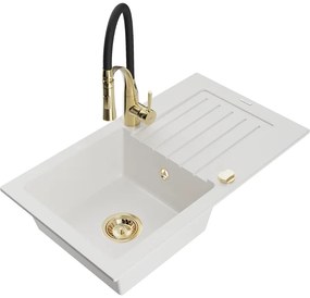 Mexen Pablo, 1-komorový granitový drez 752x436x161 mm a drezová batéria Aster, biela, 6510-20-73450-57-G