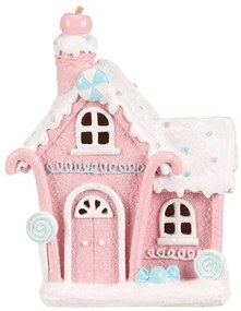 Vianočná dekorácia Domček z cukroviniek, polyresin, LED, ružová