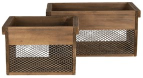 Hnedé drevené úložné boxy s mriežkou (2 ks) - 32 * 19 * 16/23 * 16 * 15 cm