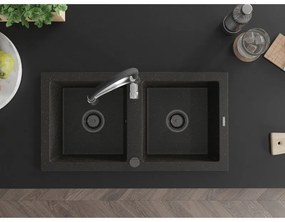 Mexen Mario, granitový drez 820x436x161 mm, 2-komorový a drezová batéria Aster, čierna-zlatá metalíza, 6504-75-73450-07-B