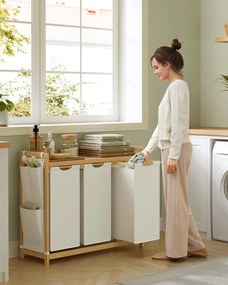 Prádlový kôš s 3 priehradkami, 3 x 50 l, 94 x 33 x 78 cm, krémová biela