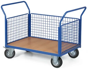 Plošinový vozík - 3 drôtené výplne, 1200x800 mm, nosnosť 300 kg, kolesá 160 mm s čiernou gumou