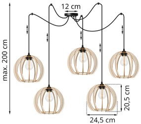 Závesné svietidlo Timber Spider 9, 5x drevené tienidlo