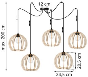 Závesné svietidlo TIMBER SPIDER 9, 5x drevené tienidlo