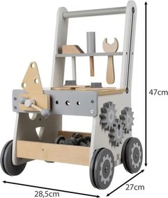ISO Trade Detská dielňa 3 v 1 s dreveným náradím – chodítko, dielnička a úložný vozík 3+