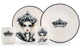 4-dielna jedálenská súprava, čierna/biela, porcelán