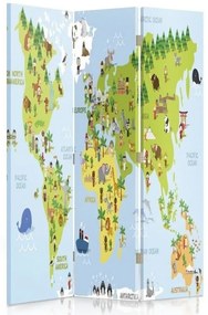 Ozdobný paraván, Mapa světa pro děti - 110x170 cm, trojdielny, obojstranný paraván 360°