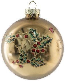 Zlatá sklenená vianočná ozdoba gule s cezmínou - Ø 8*8 cm