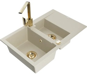 Mexen Gaspar, granitový drez 737x475x177 mm, 1,5-komorový a zlatá batéria Rita, béžová, 6507-69-670300-50