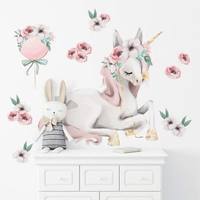 Gario Detská nálepka na stenu Pastel unicorns - jednorožec, kvety a balón