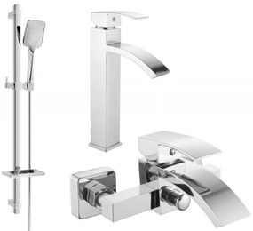 Mexen Libra, vysoká umývadlová a vaňová batéria so sprchovou sadou DQ62, chrómová, 745113DQ62-00