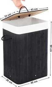 Veľký bambusový kôš na prádlo XL 72L, skladací, čierny