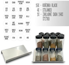 Orion Sada 16ks koreničiek BLACK 80ml + 4ks nerezový organizér na koreničky VASKY - NEREZ + sada 24ks štítkov