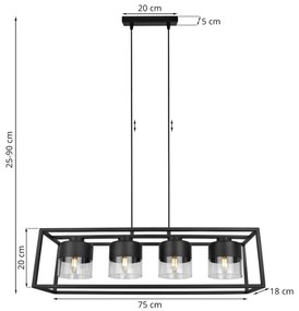 Závesné svietidlo ROMA CAGE, 4x čierne/transparentné sklenené tienidlo v kovovom ráme