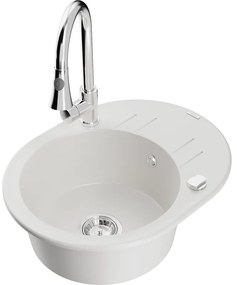 Mexen Kevin, 1-komorový granitový drez 586x458x190 mm a drezová batéria Elia, biela, 6517-20-670101-00