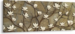 Obraz - Biele magnólie na kamennom murive (120x50 cm)