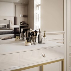 Kozmetický stolík so zrkadlom GWEN biely lesk + zlatá podnož