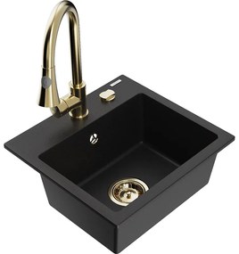 Mexen Milo, 1-komorový granitový drez 435x410x171 mm a drezová batéria Elia, čierna, 6505-77-670101-50